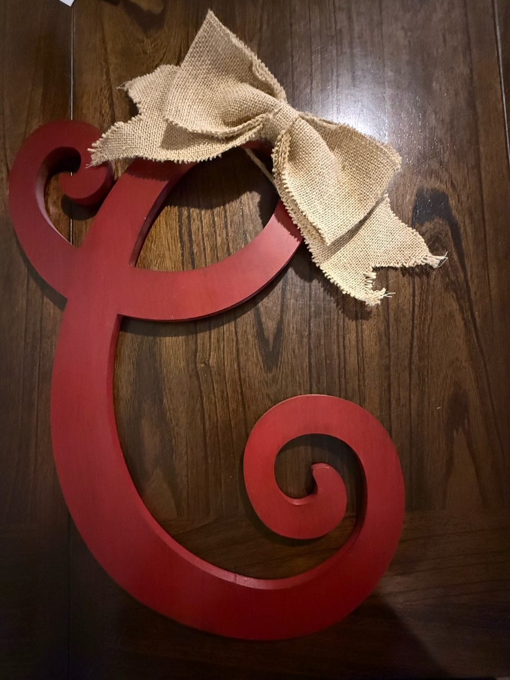 Red Script Letter C with Burlap Bow Wall Decor